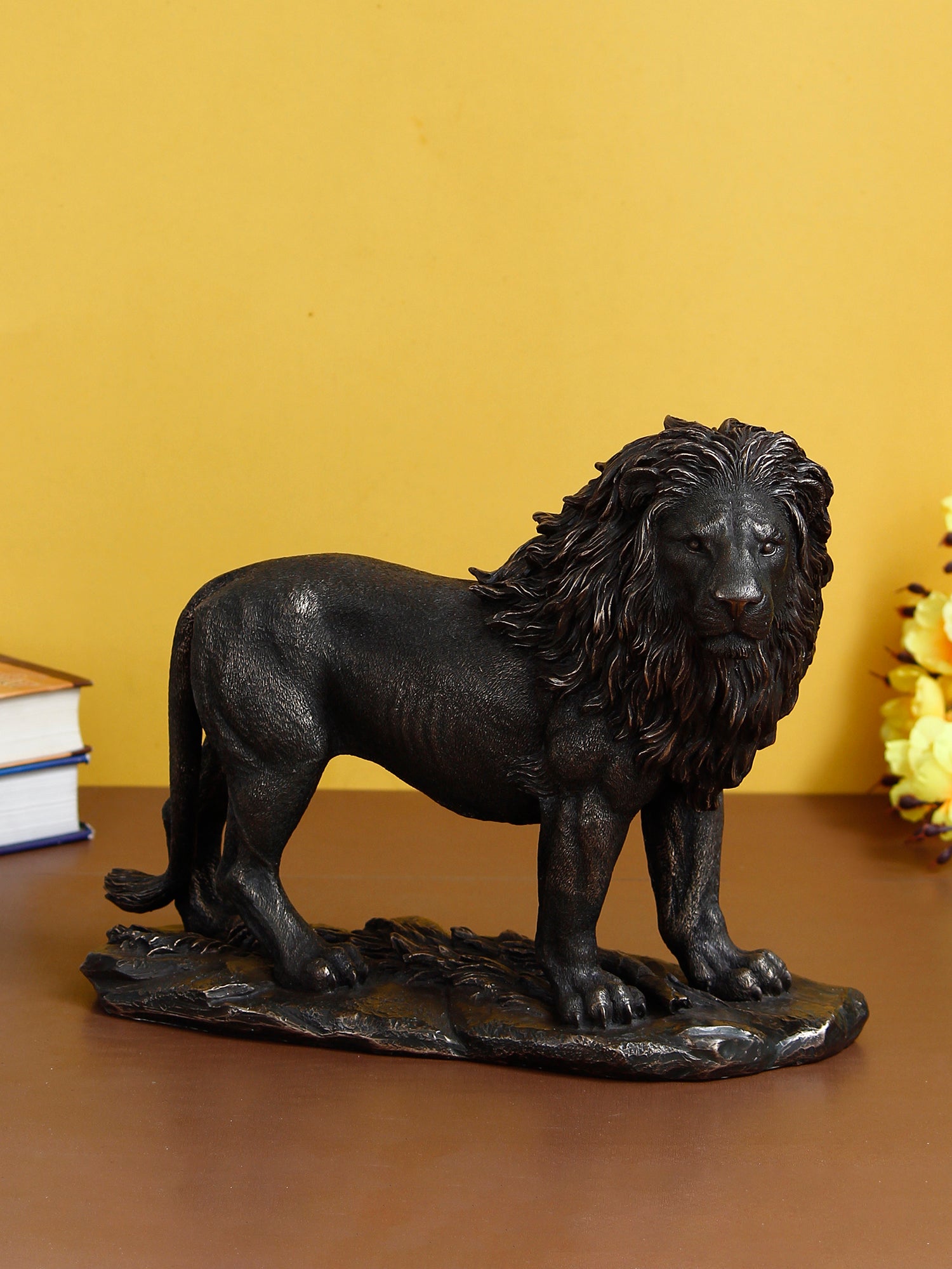 Polyresin and Bronze Black Carved Brave Lion Showpiece Decorative Animal Figurine Kafalo
