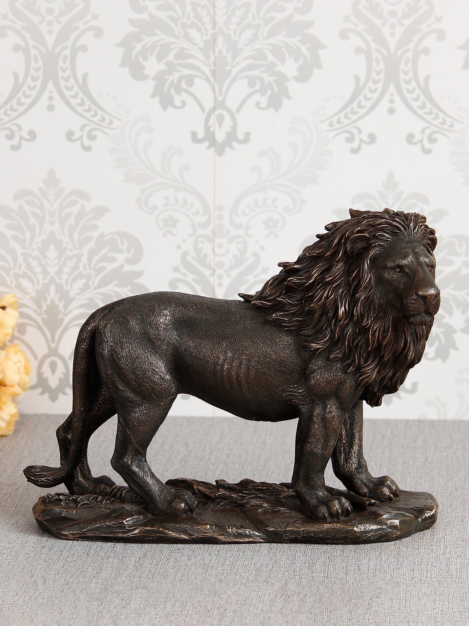 Polyresin and Bronze Black Carved Brave Lion Showpiece Decorative Animal Figurine Kafalo