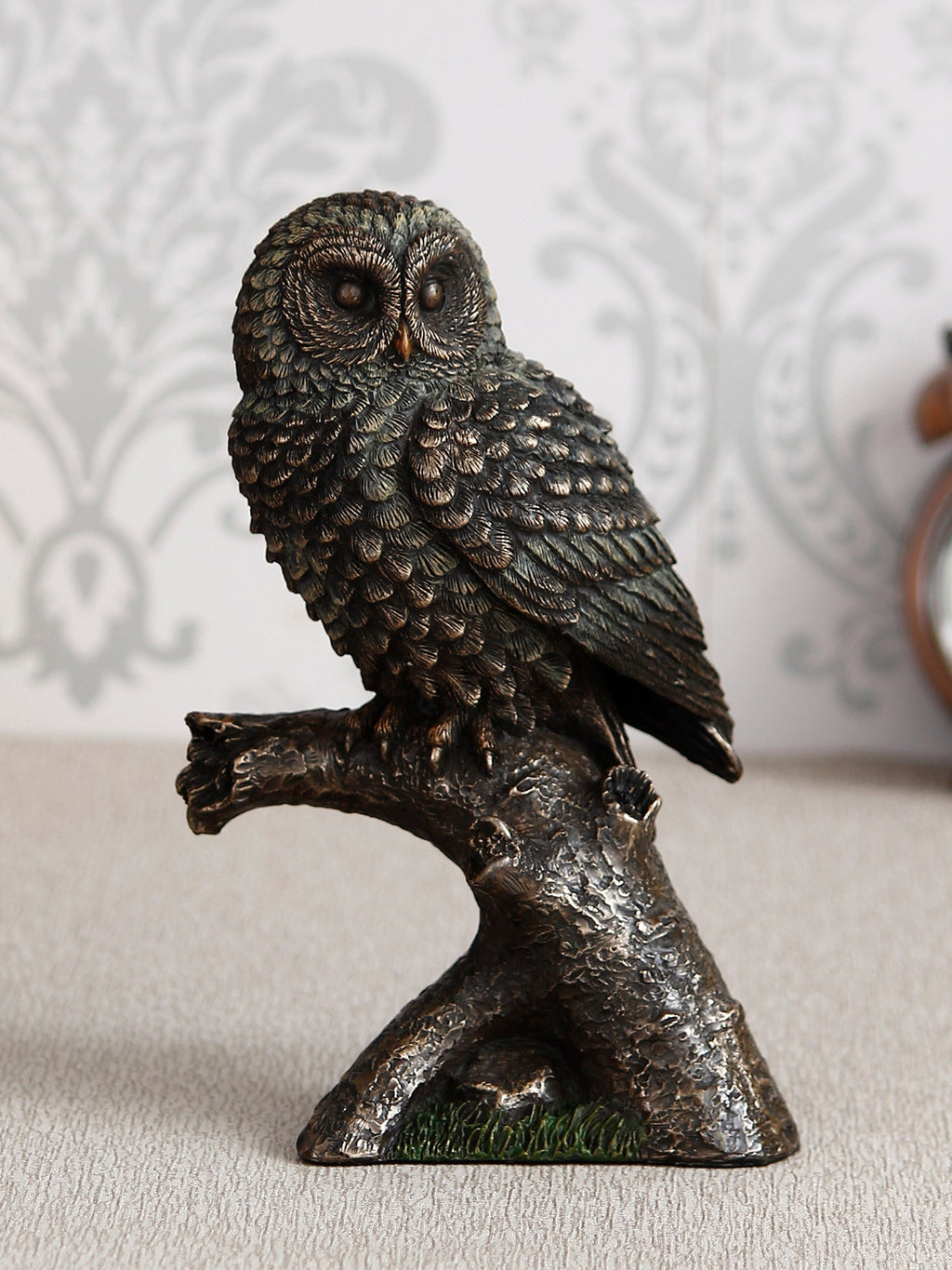 Polyresin and Bronze Black Carved Owl Showpiece Sitting on Branch Decorative Bird Figurine Kafalo