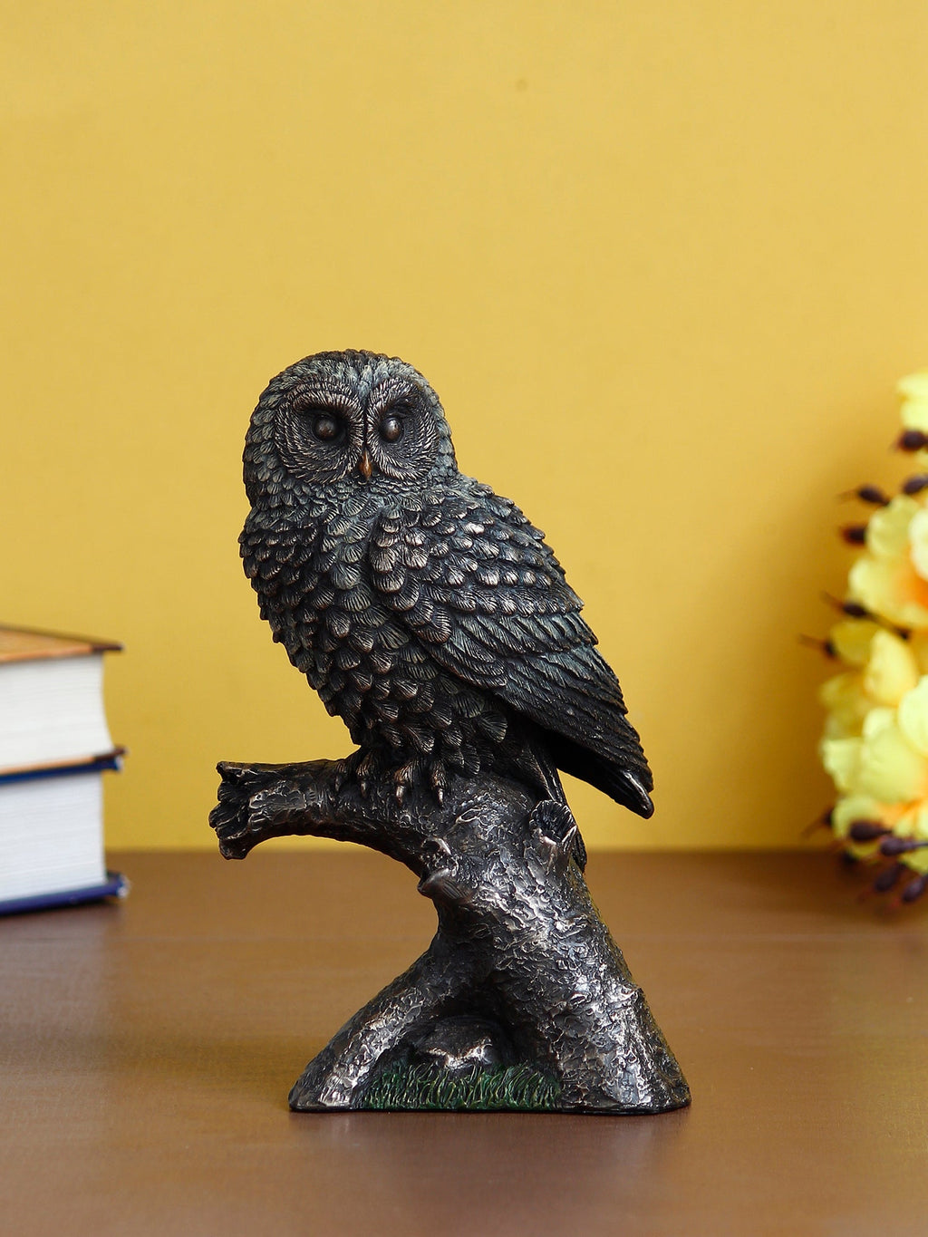 Polyresin and Bronze Black Carved Owl Showpiece Sitting on Branch Decorative Bird Figurine Kafalo