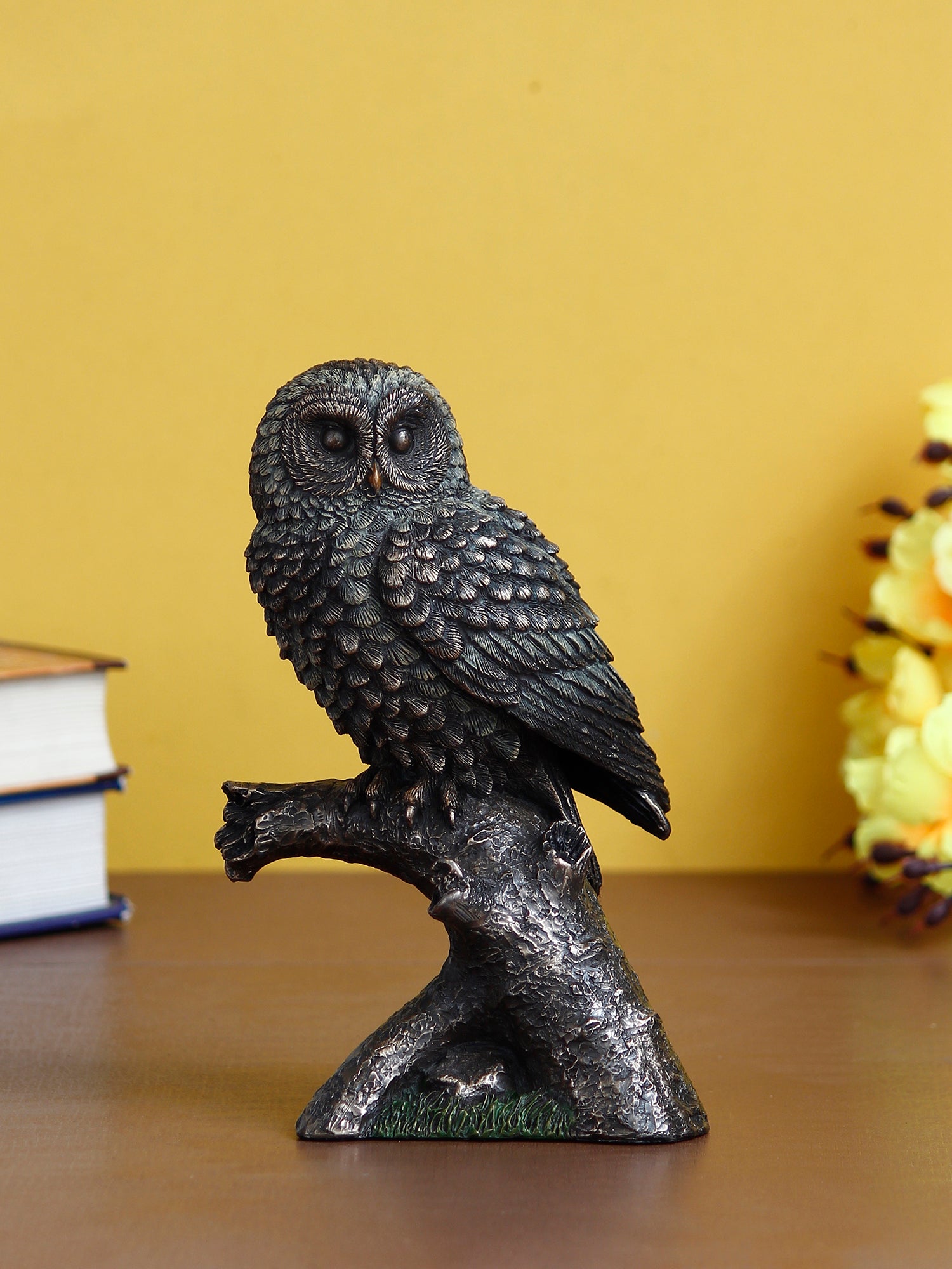 Polyresin and Bronze Black Carved Owl Showpiece Sitting on Branch Decorative Bird Figurine Kafalo