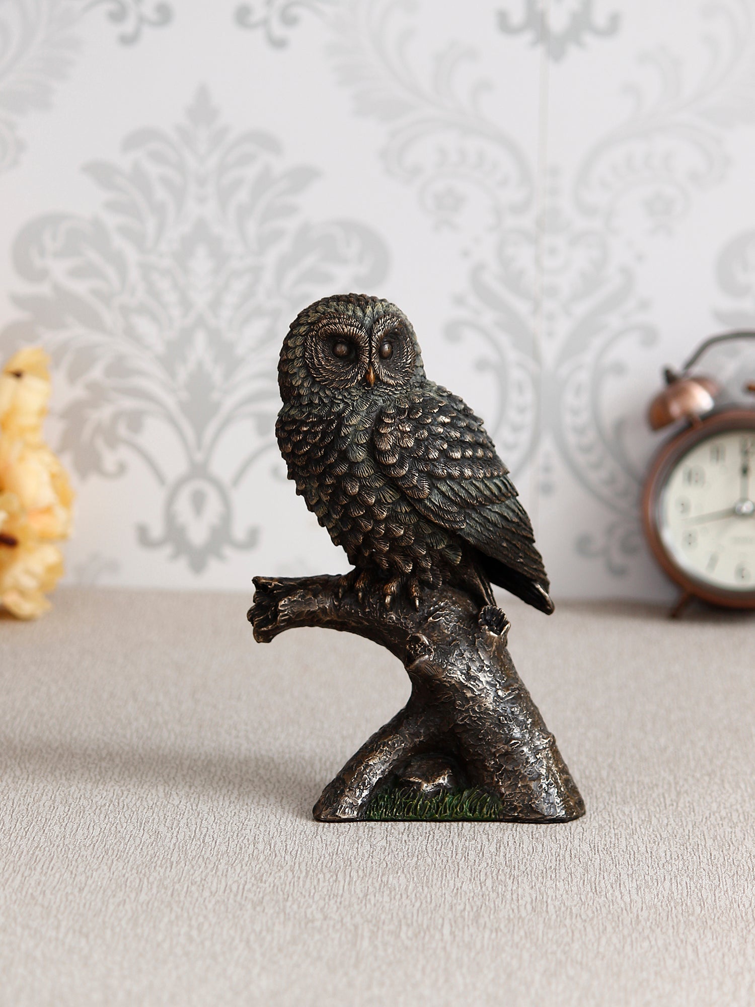Polyresin and Bronze Black Carved Owl Showpiece Sitting on Branch Decorative Bird Figurine Kafalo