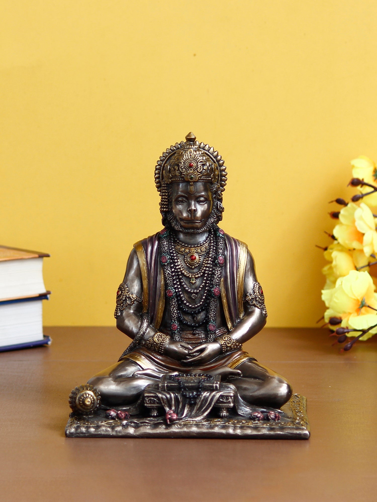 Brown Polyresin and Bronze Meditating Lord Hanuman Idol Kafalo