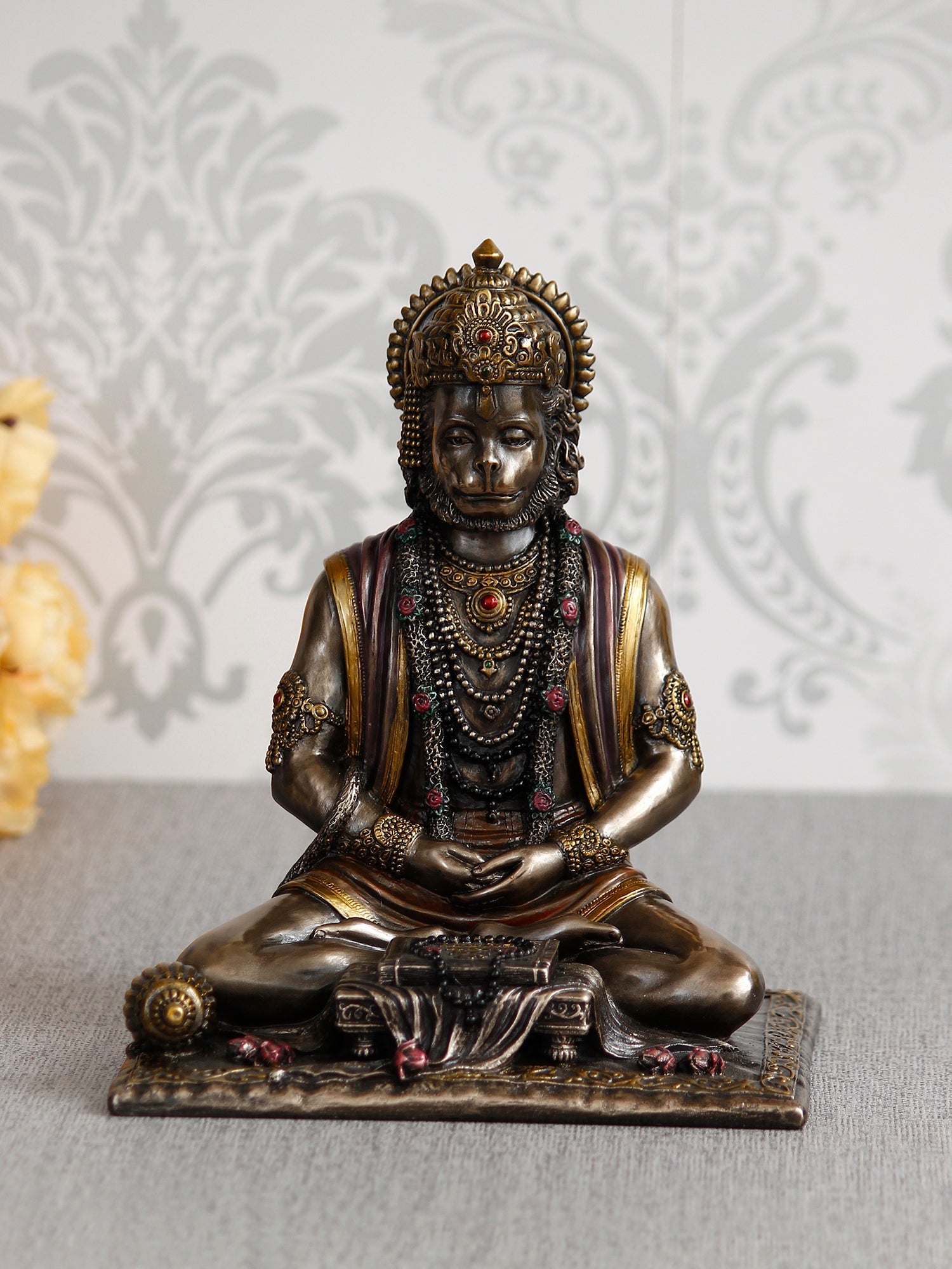 Brown Polyresin and Bronze Meditating Lord Hanuman Idol Kafalo