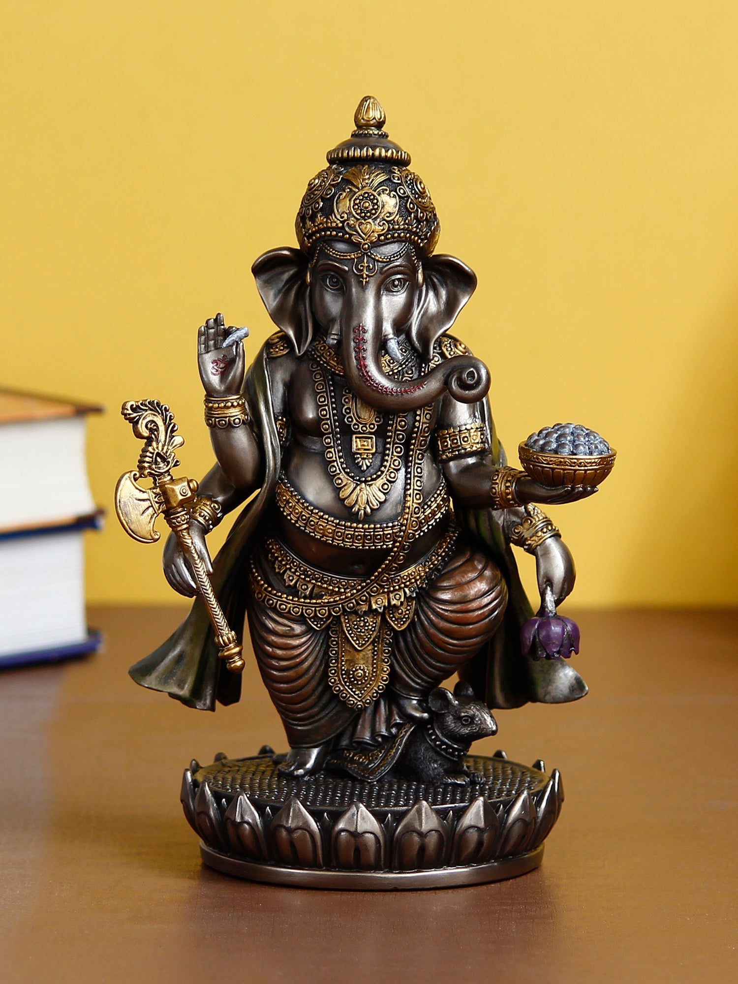 Brown Polyresin and Bronze char bhuja dhari Lord Ganesha Idol Kafalo