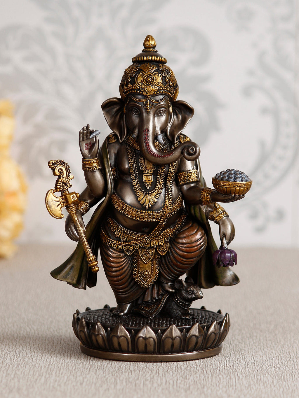 Brown Polyresin and Bronze char bhuja dhari Lord Ganesha Idol Kafalo