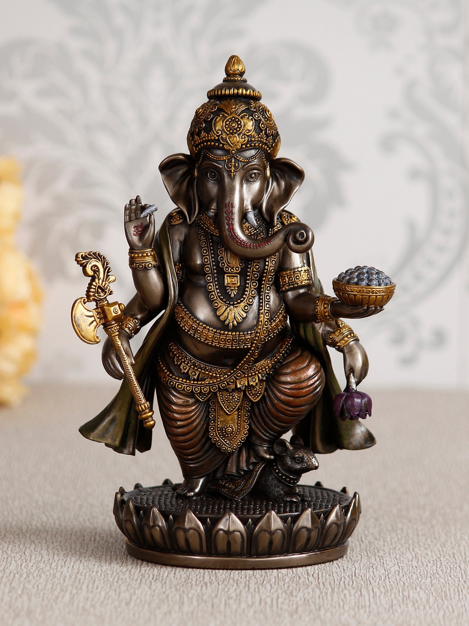 Brown Polyresin and Bronze char bhuja dhari Lord Ganesha Idol Kafalo