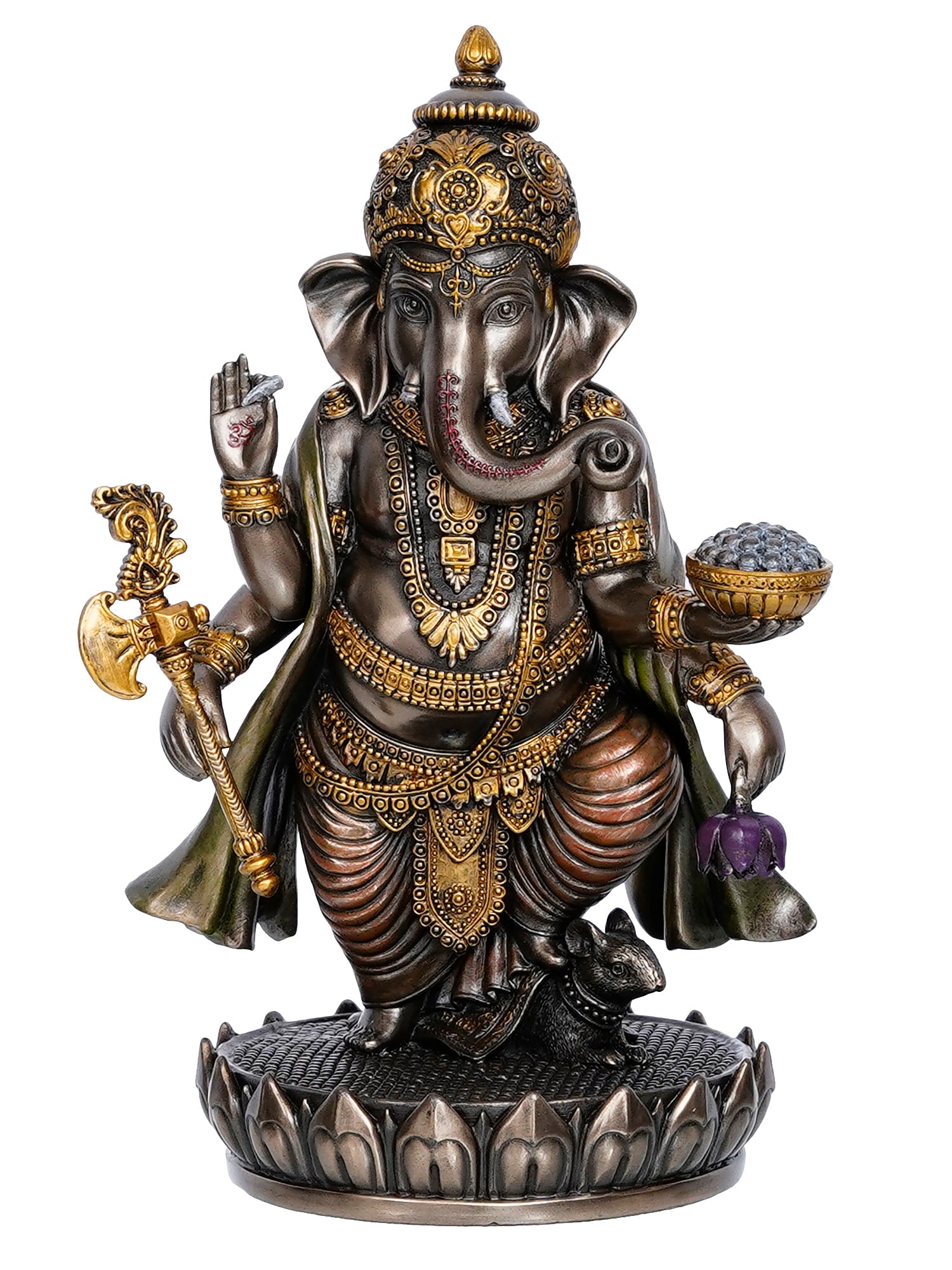 Brown Polyresin and Bronze char bhuja dhari Lord Ganesha Idol Kafalo