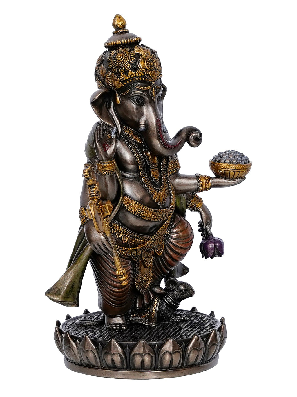 Brown Polyresin and Bronze char bhuja dhari Lord Ganesha Idol Kafalo