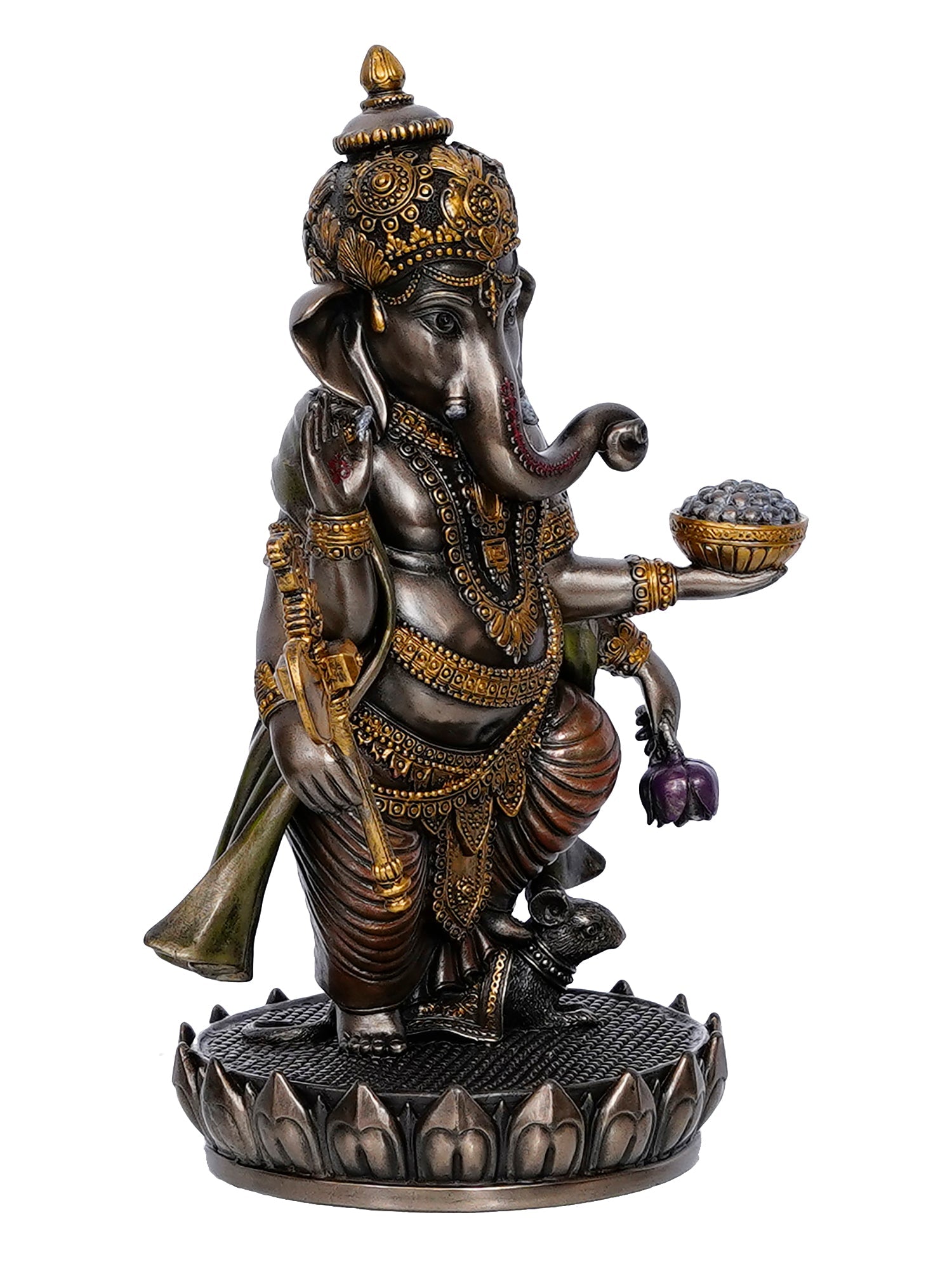 Brown Polyresin and Bronze char bhuja dhari Lord Ganesha Idol Kafalo
