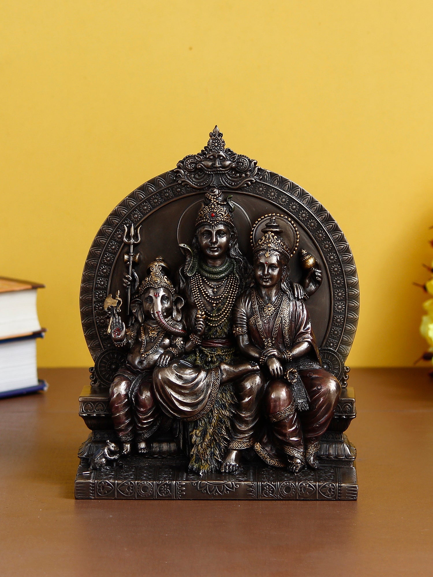 Lord Shiva Parivar Sitting on Singhasan Polyresin and Bronze Decorative murti/statue Kafalo
