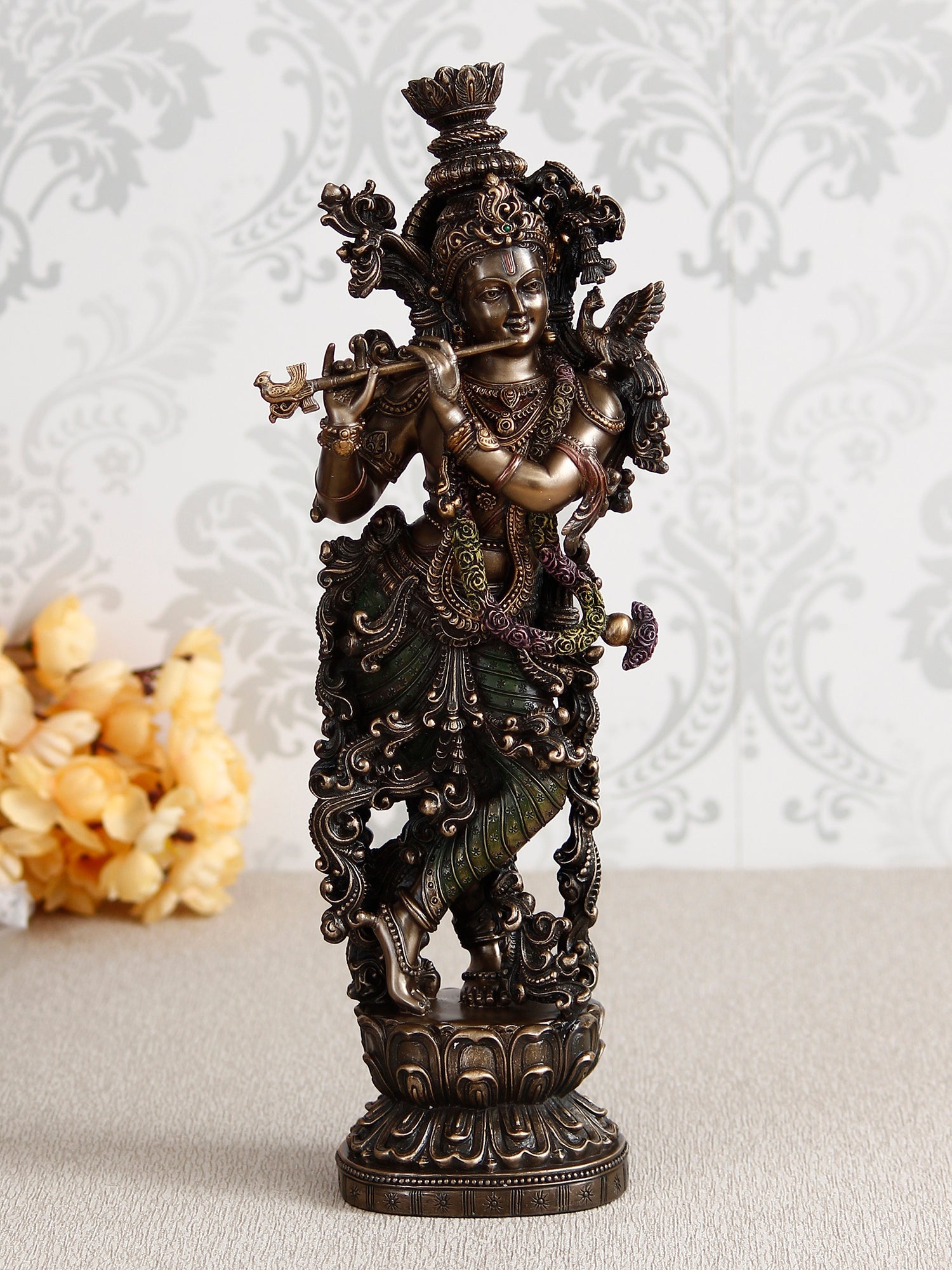 Brown Polyresin and Bronze Decorative Ethnic Carved Dancing Lord Krishna Playing Flute Figurine Kafalo
