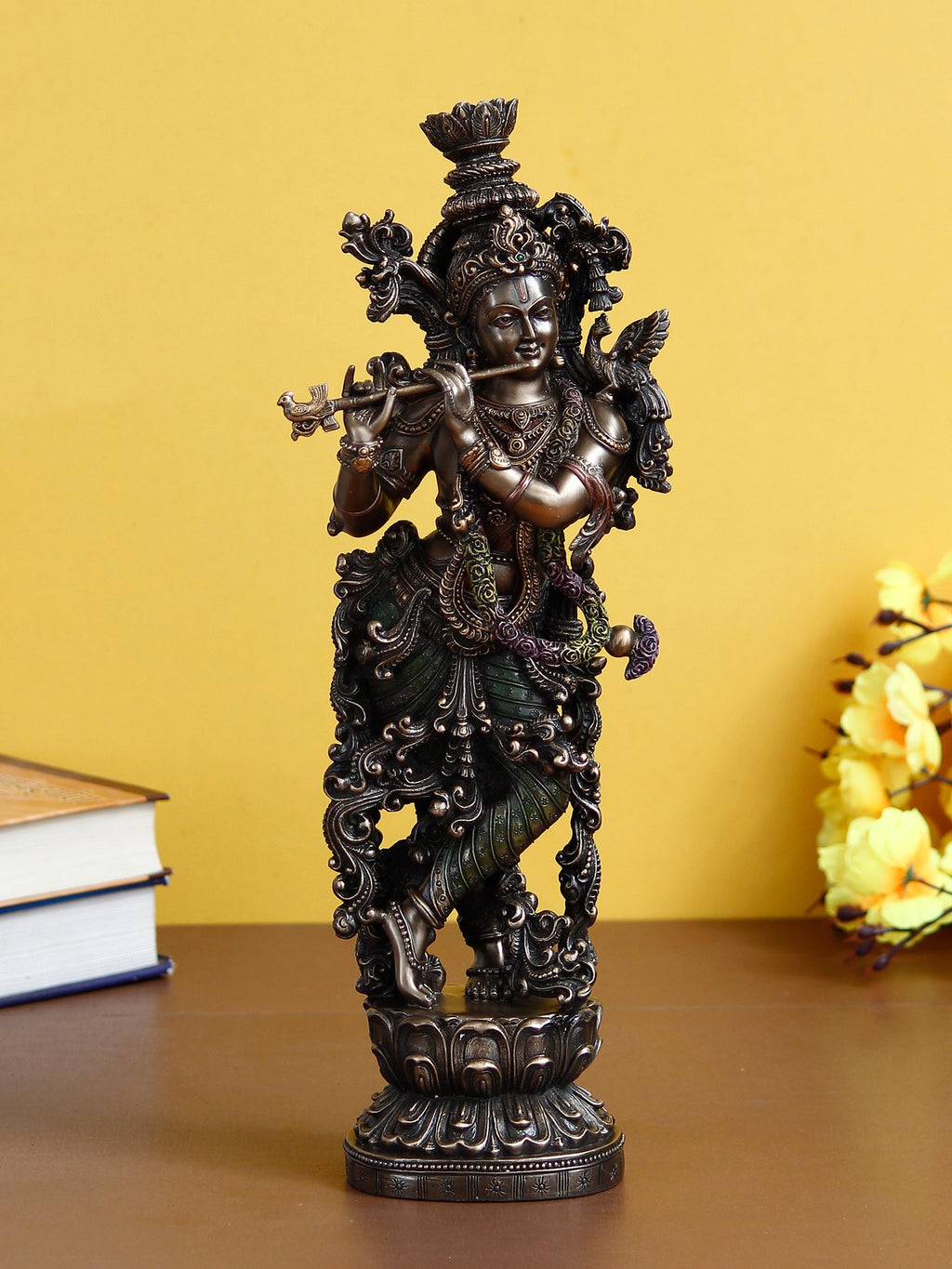 Brown Polyresin and Bronze Decorative Ethnic Carved Dancing Lord Krishna Playing Flute Figurine Kafalo