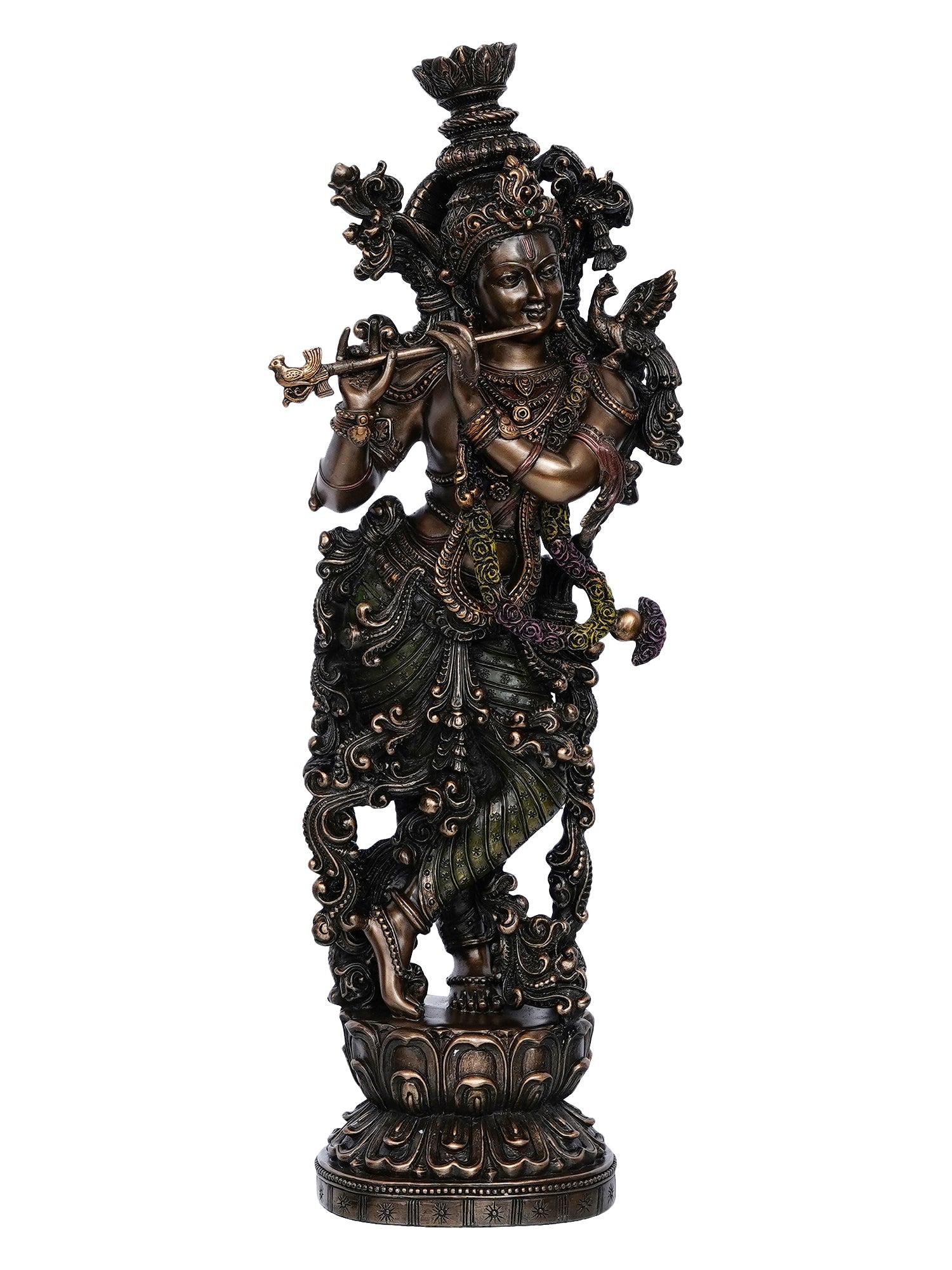 Brown Polyresin and Bronze Decorative Ethnic Carved Dancing Lord Krishna Playing Flute Figurine Kafalo