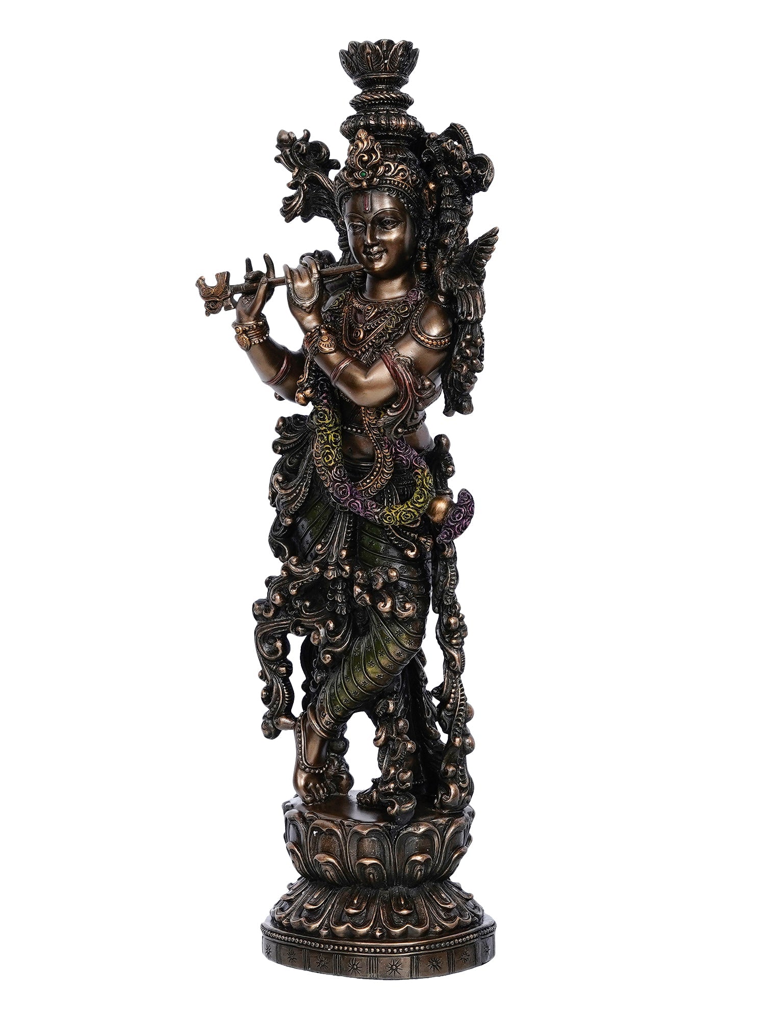 Brown Polyresin and Bronze Decorative Ethnic Carved Dancing Lord Krishna Playing Flute Figurine Kafalo