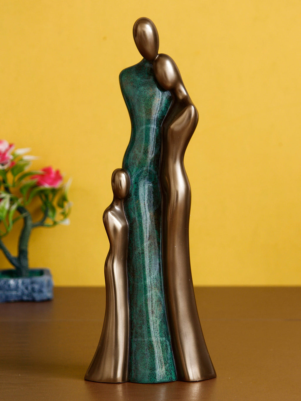 Polyresin and Bronze Family of Mother, Daughter and Grand Daughter Human Figurine Decorative Showpiece (Green and Brown) Kafalo