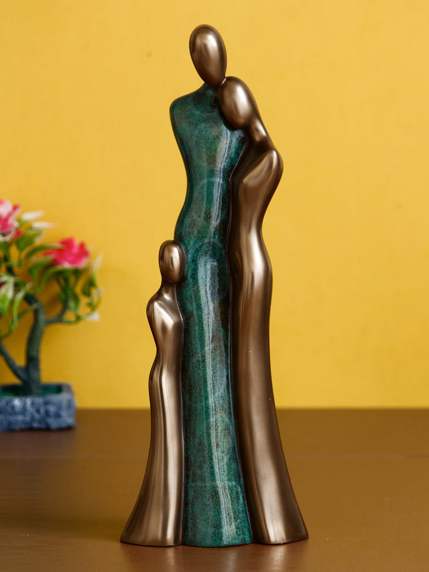 Polyresin and Bronze Family of Mother, Daughter and Grand Daughter Human Figurine Decorative Showpiece (Green and Brown) Kafalo