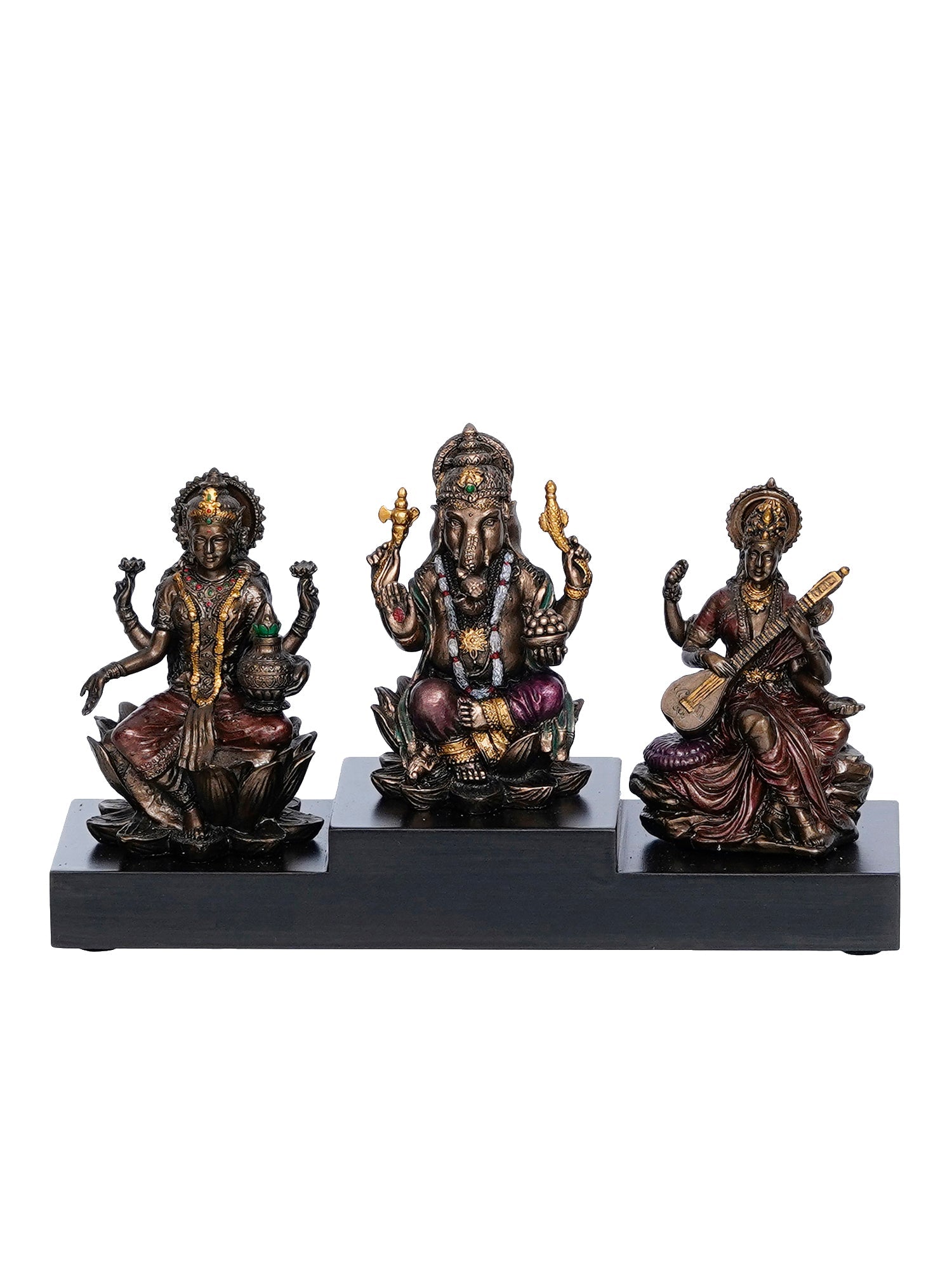 Brown Polyresin and Bronze Lakshmi Ganesha Saraswati Idols on Base Kafalo