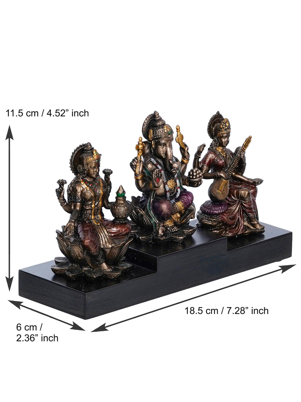 Brown Polyresin and Bronze Lakshmi Ganesha Saraswati Idols on Base Kafalo