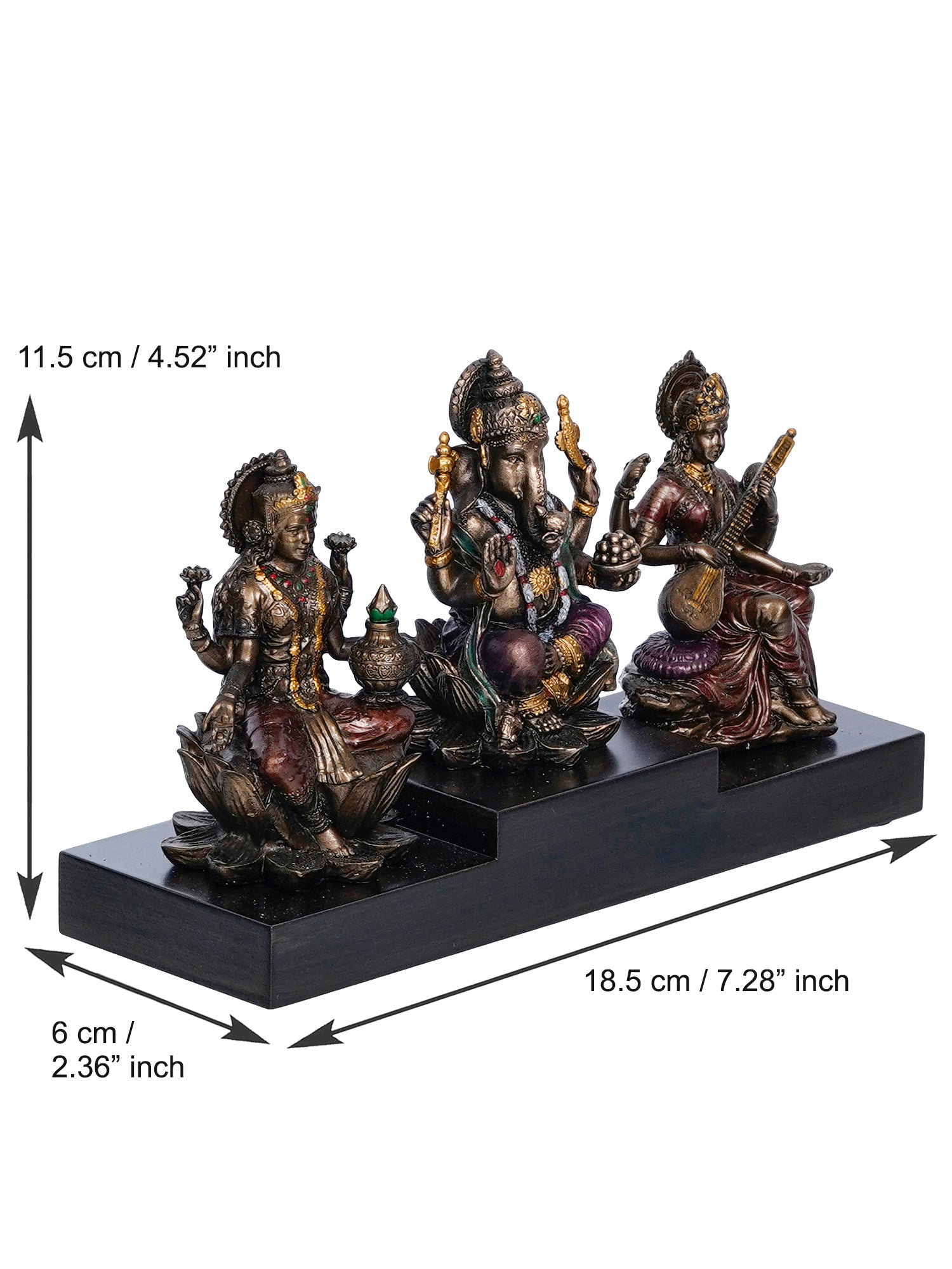 Brown Polyresin and Bronze Lakshmi Ganesha Saraswati Idols on Base Kafalo