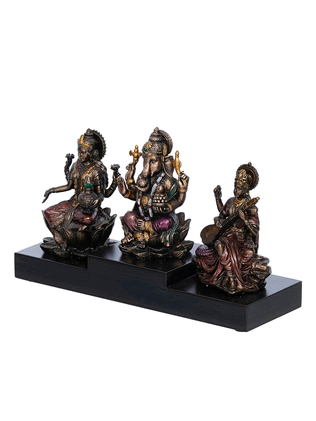 Brown Polyresin and Bronze Lakshmi Ganesha Saraswati Idols on Base Kafalo
