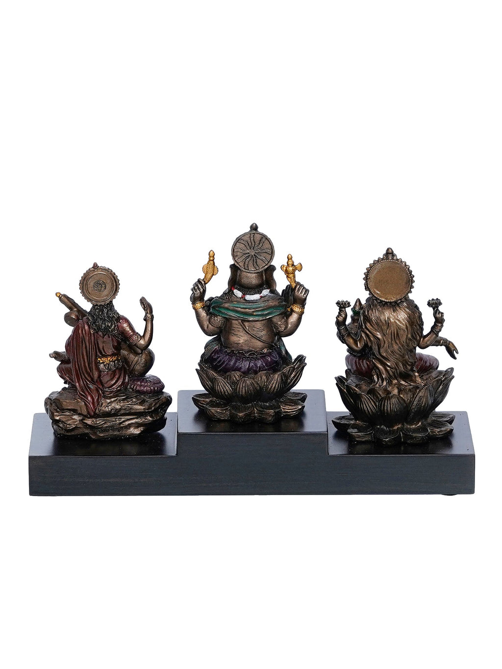 Brown Polyresin and Bronze Lakshmi Ganesha Saraswati Idols on Base Kafalo