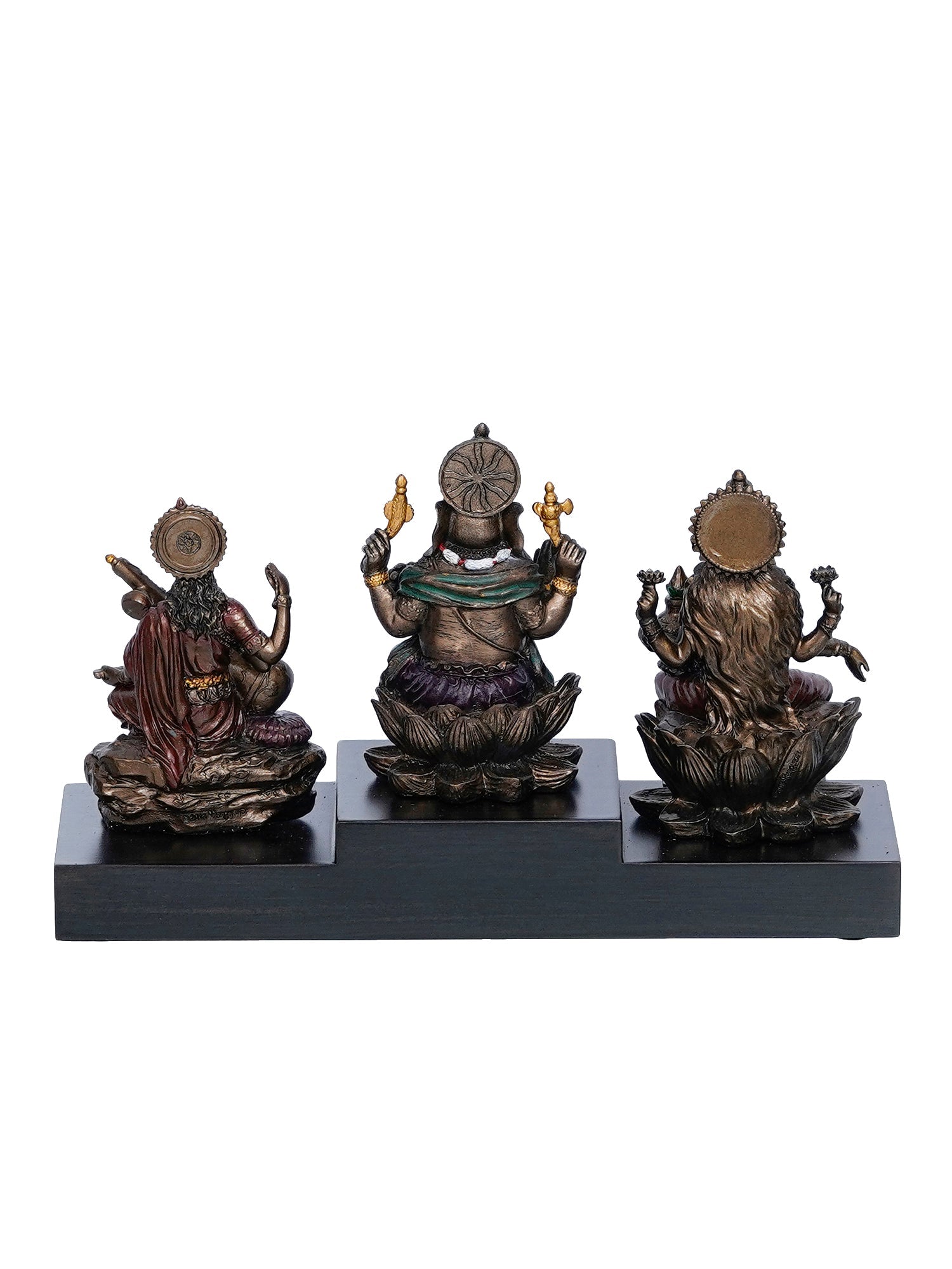 Brown Polyresin and Bronze Lakshmi Ganesha Saraswati Idols on Base Kafalo