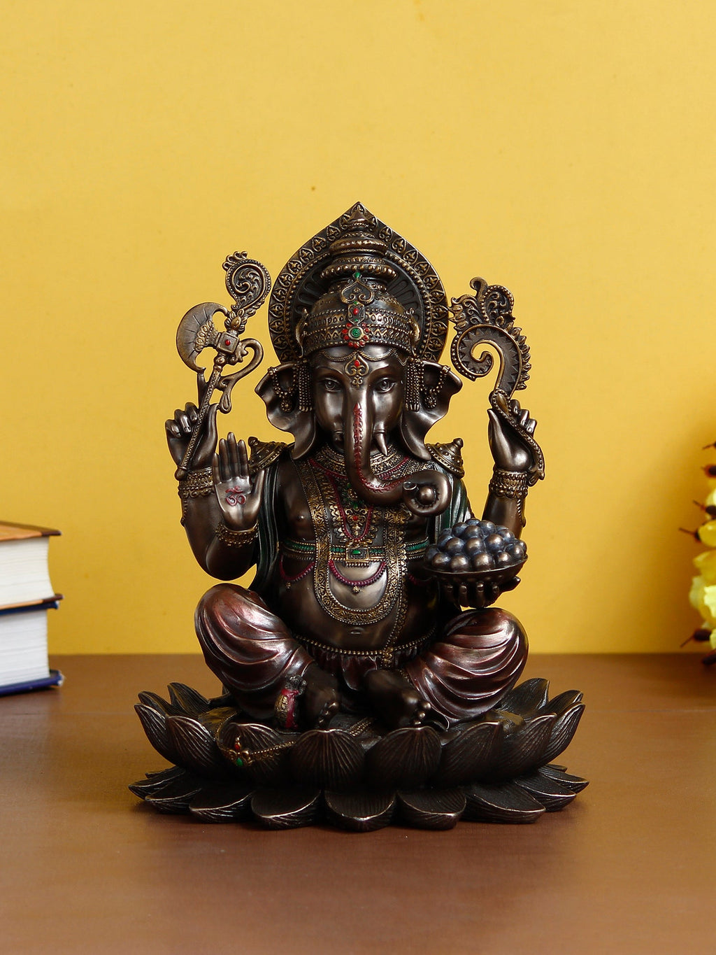 Brown Polyresin and Bronze Lord Ganesha Idol on Lotus Flower Kafalo