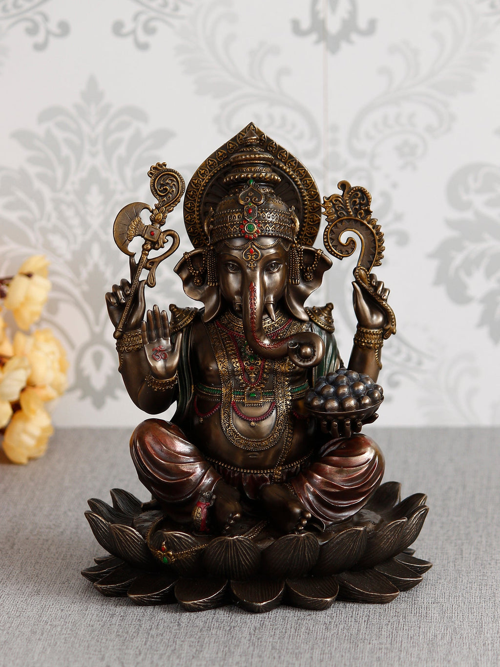 Brown Polyresin and Bronze Lord Ganesha Idol on Lotus Flower Kafalo