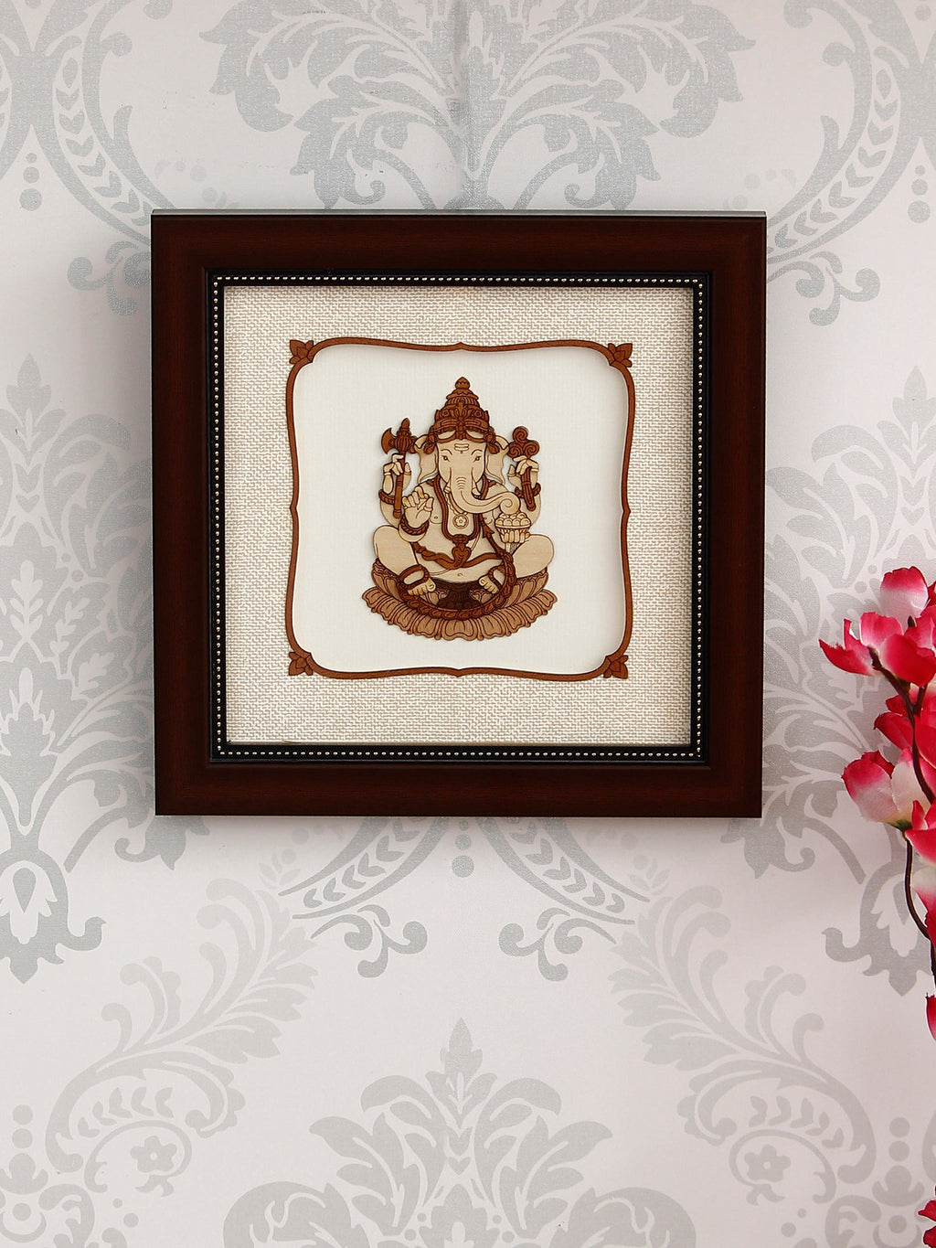 Brown Wooden Framed Lord Ganesha Art Decorative Wall Hanging Kafalo