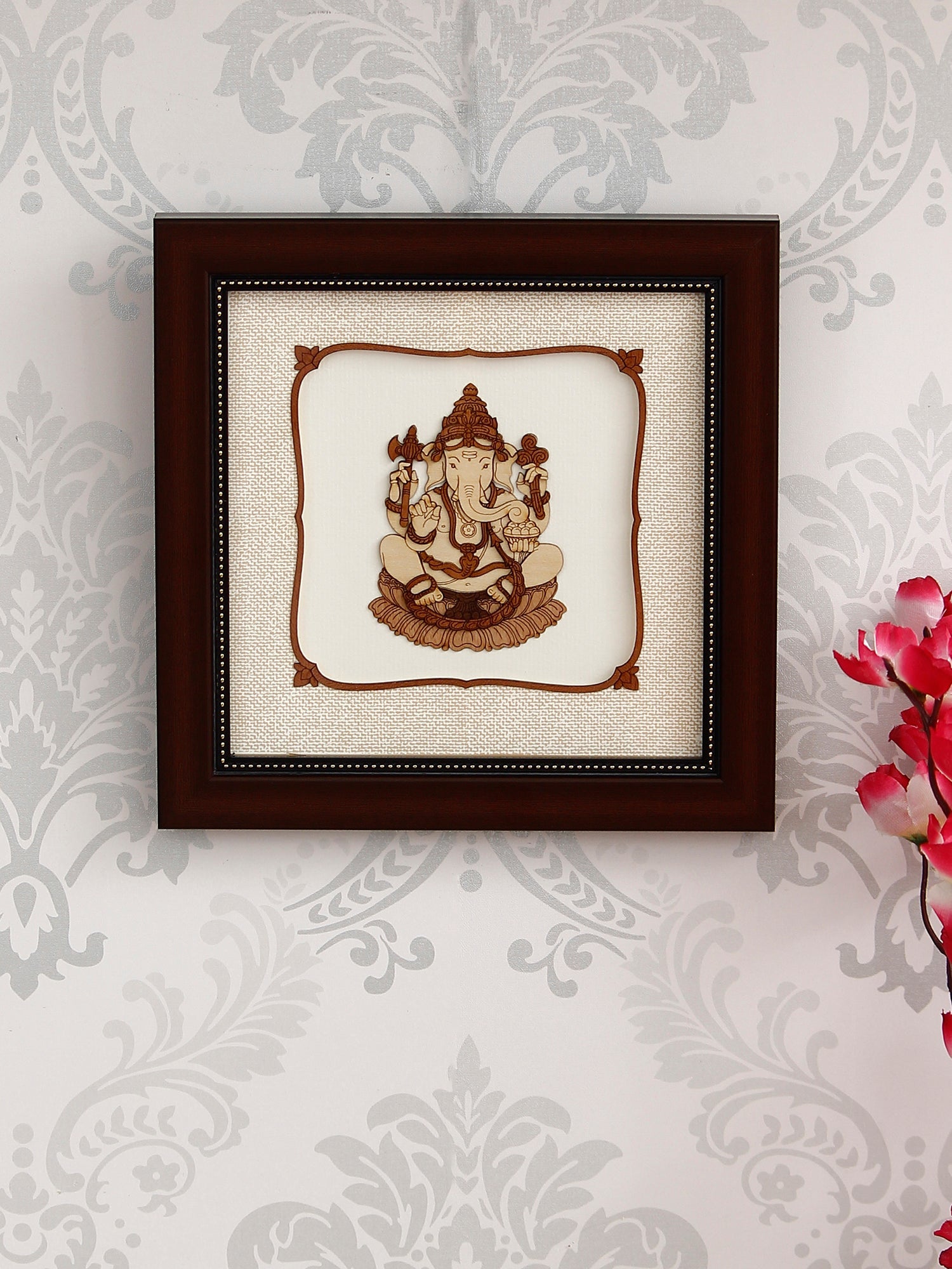 Brown Wooden Framed Lord Ganesha Art Decorative Wall Hanging Kafalo
