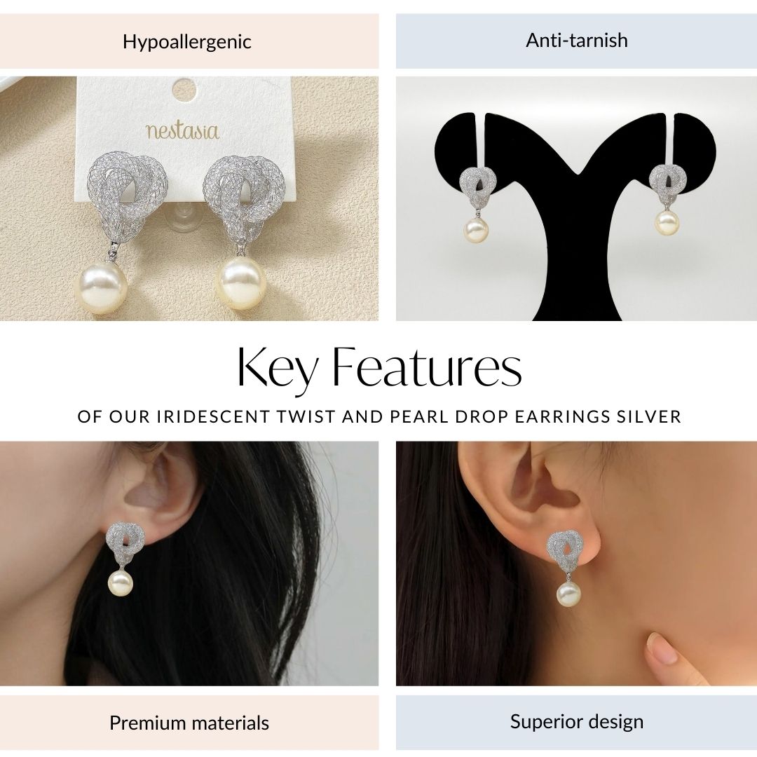 Iridescent Twist And Pearl Drop Earrings Silver Nestasia