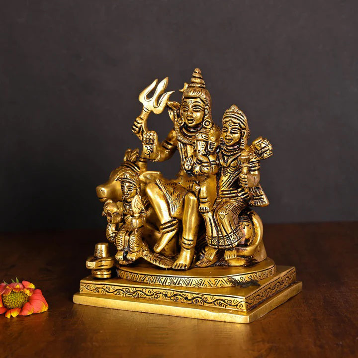Brass Shiva Family Statue Sitting on Nandi (6 Inch) Vedansh Craft
