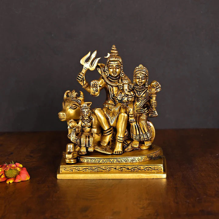 Brass Shiva Family Statue Sitting on Nandi (6 Inch) Vedansh Craft