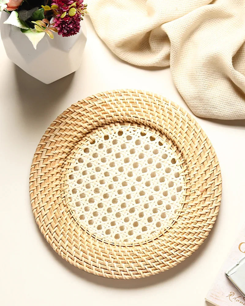 Round Decorative Cane Plate Mats for Meals, Home Decor, and Table Setting