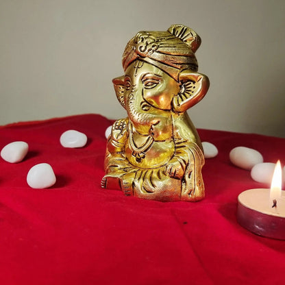 Brass Appu Ganesh idol – a charming symbol of wisdom and good fortune - Brass Ganesh Statue (Yellow, 4.2 Inch)