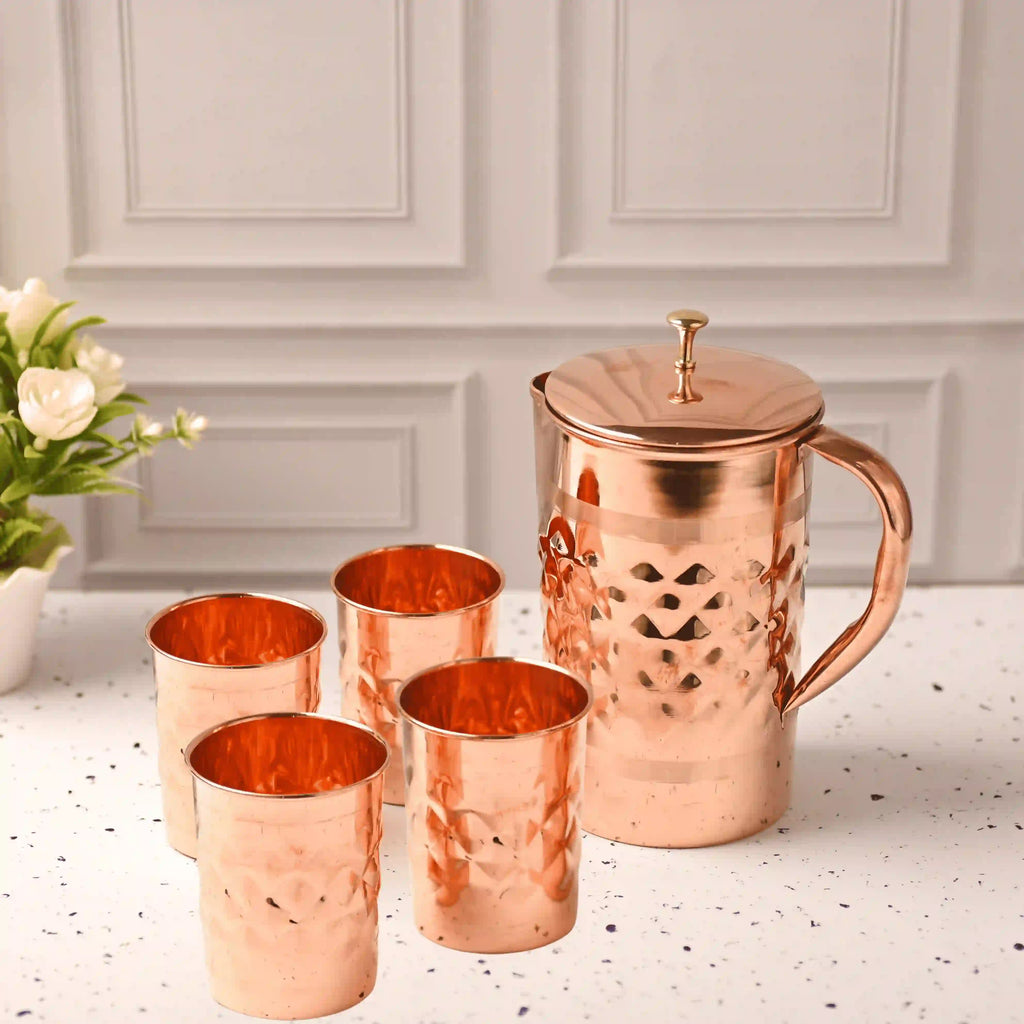 Copper Diamond Design Jug with Four Glass set (8.8 Inch) Vedansh Craft
