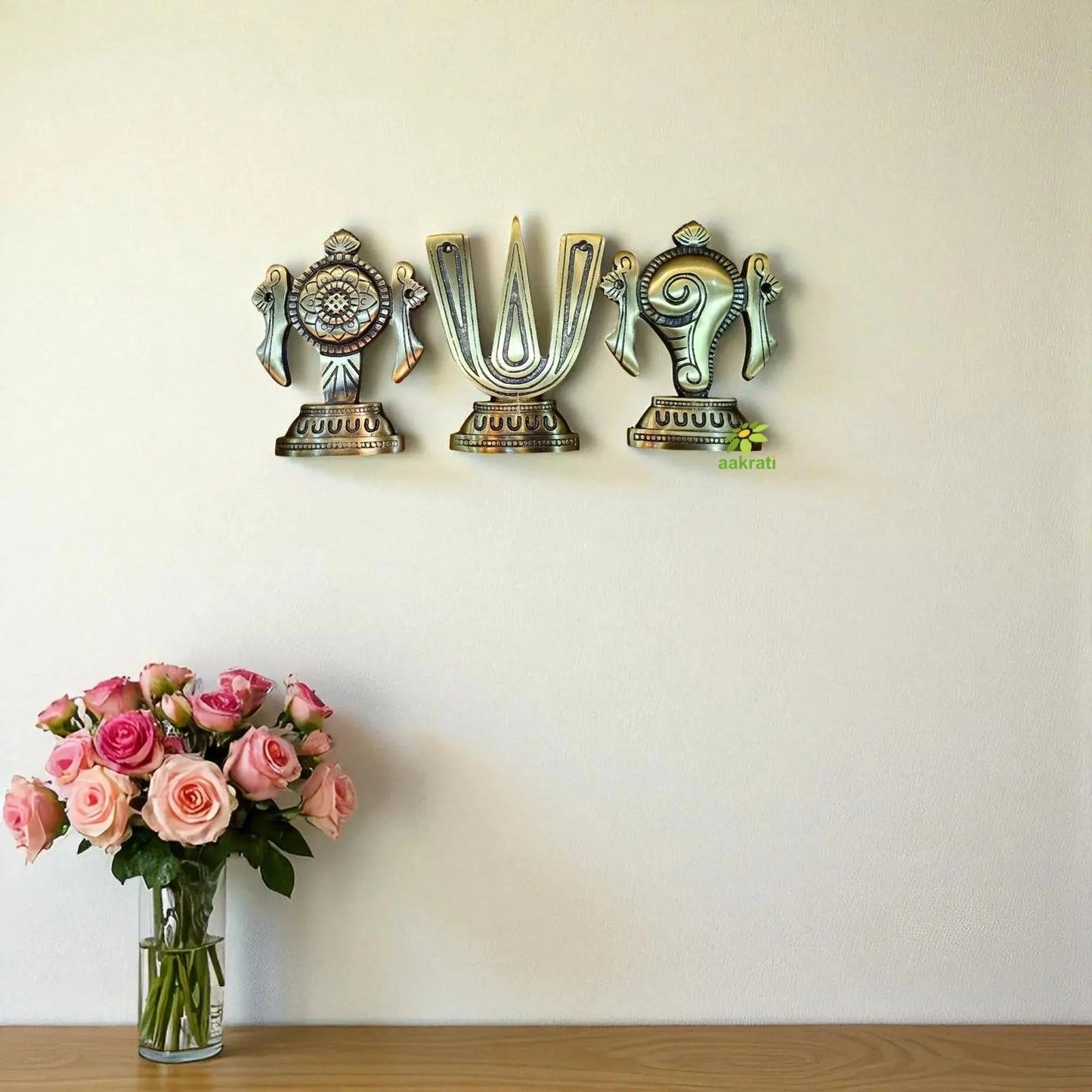 "Handcrafted Brass Shankh Chakra Namah Wall Hanging | "Brass Shankh Chakra Namah Wall Decor | wall hanging (Yellow 6 inch )
