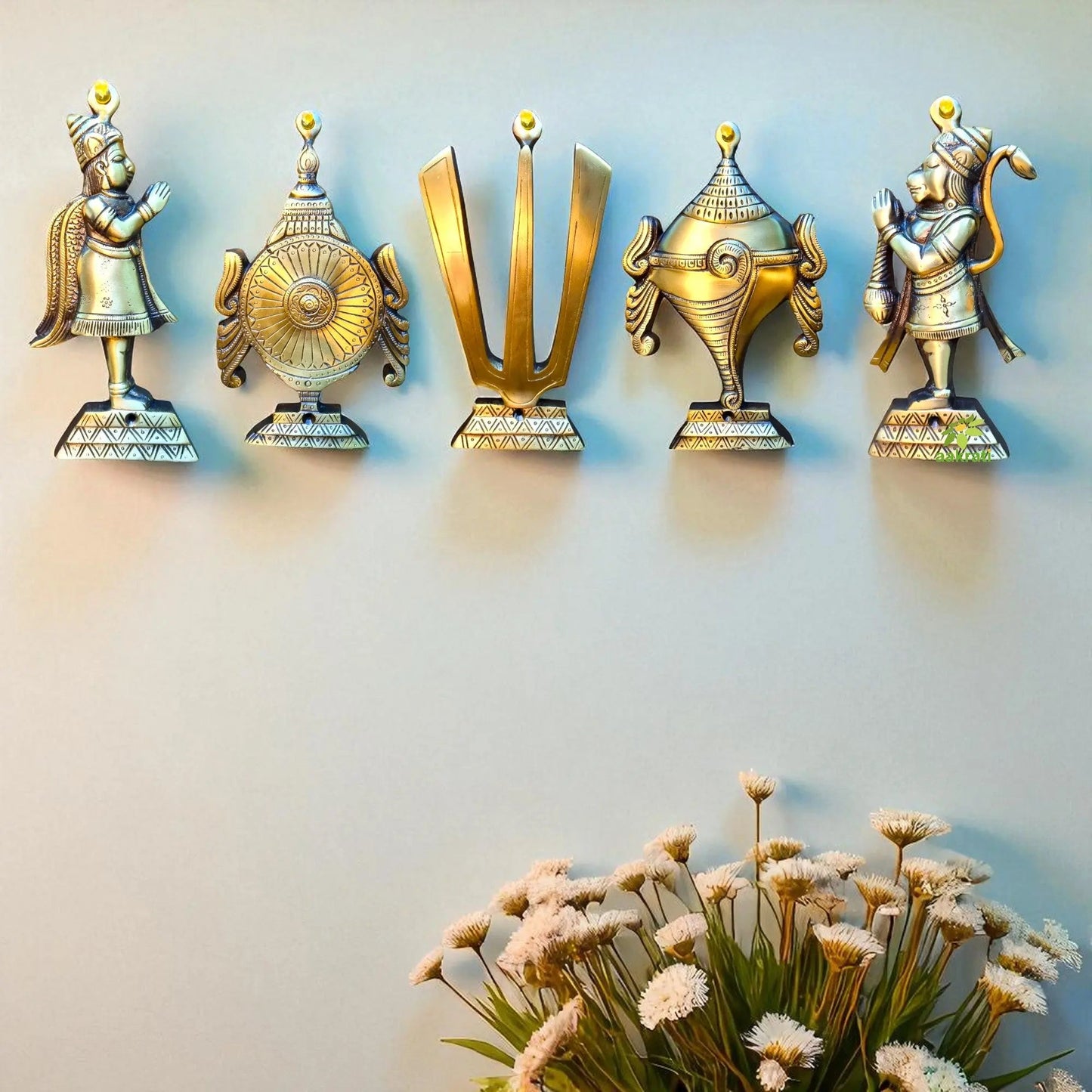 "Pure Brass Shankh Chakra Namah Wall Art | "Antique Finish Brass Shankh Chakra Namah wall decor (Yellow 9 inch)