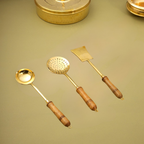 Brass Kitchen Ladles With Wooden Handle Set (14.5 Inch) Vedansh Craft