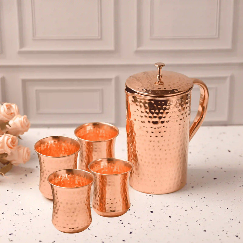 Copper Hammered Design Jug with Four Glass Set (8.8 Inch) Vedansh Craft