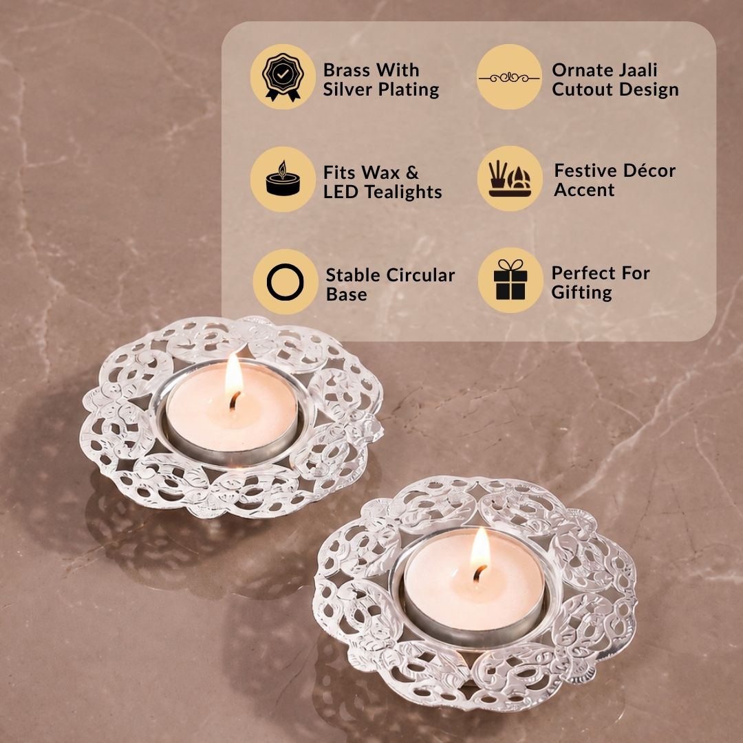 Radiance Silver Plated Brass Tealight Holder Set Of 2 In Gift Box Nestasia