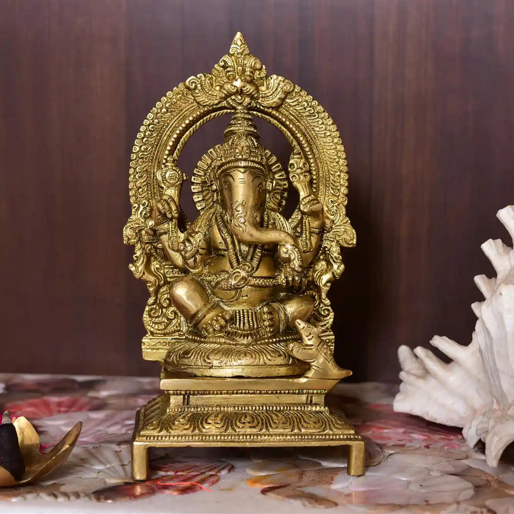 Brass Ganesha Sitting On Throne/Singhasan Idol (7.5 Inch) Vedansh Craft