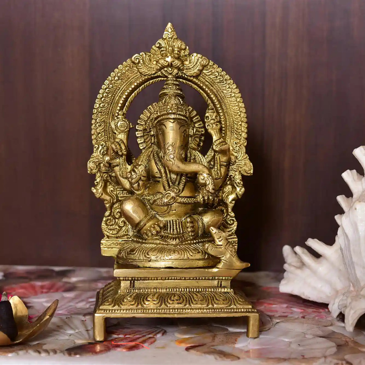 Brass Ganesha Sitting On Throne/Singhasan Idol (7.5 Inch) Vedansh Craft