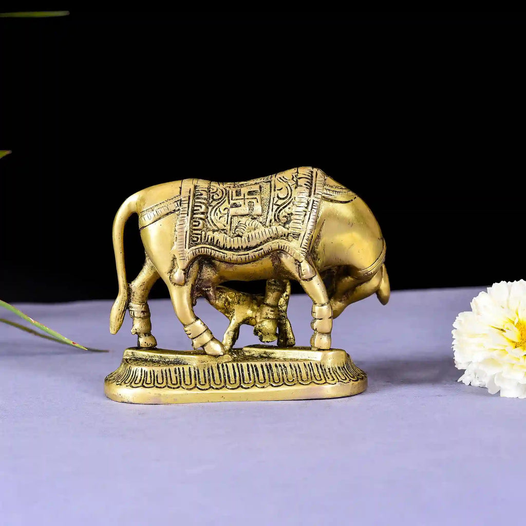 Brass Kamdhenu Cow With Calf Idol (4 Inch) Vedansh Craft