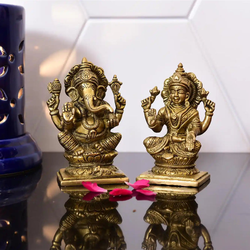 Brass Sitting Ganesha And Lakshmi Set (4.8 Inch) Vedansh Craft