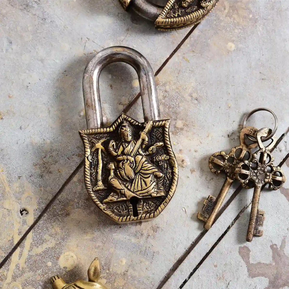 Brass Saraswati Door Lock With Two Keys (4.5 Inch) Vedansh Craft