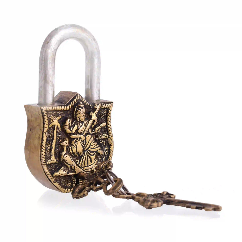 Brass Saraswati Door Lock With Two Keys (4.5 Inch) Vedansh Craft