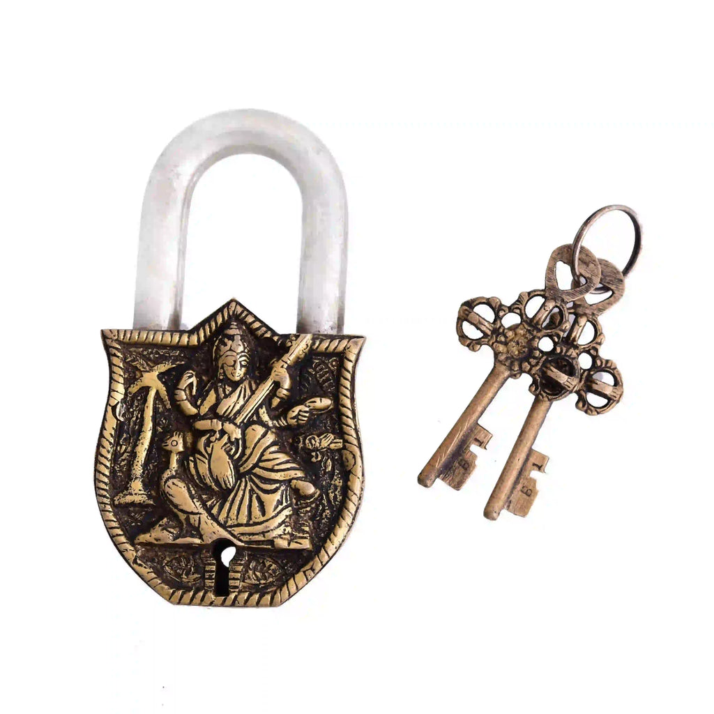 Brass Saraswati Door Lock With Two Keys (4.5 Inch) Vedansh Craft