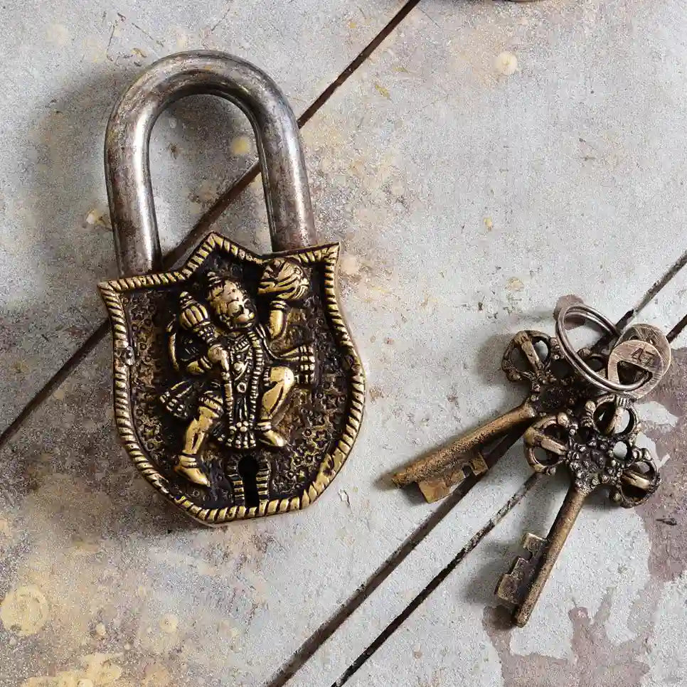 Brass Hanuman Door Lock With Three Brass Keys (4.5 Inch) Vedansh Craft